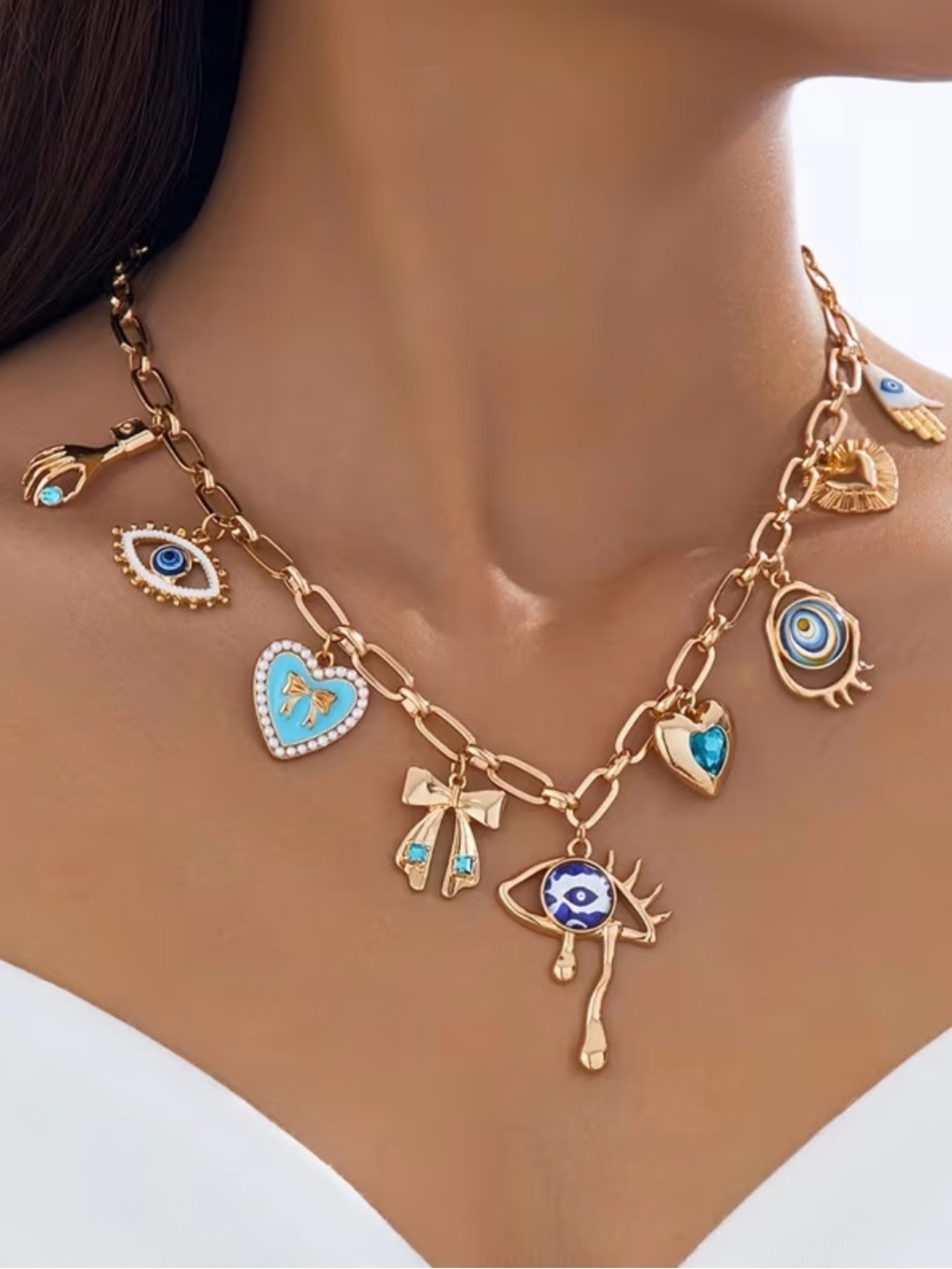 Gold & Blue Enamel Charm Necklace - Designer Style